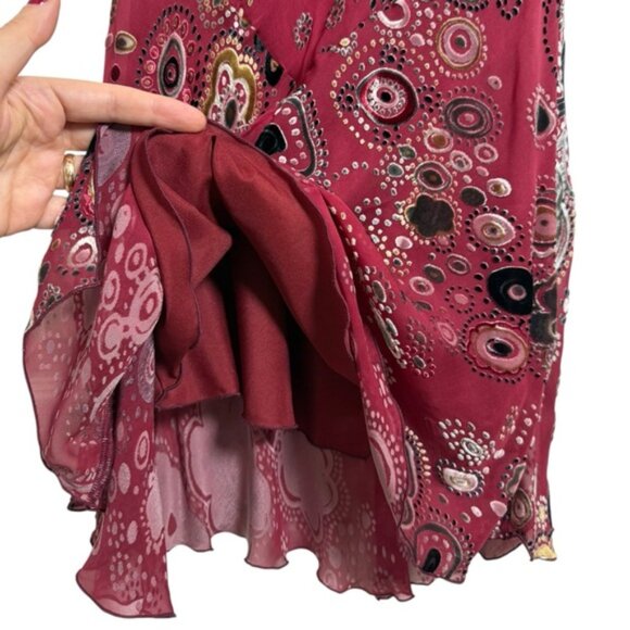 Vintage Y2K Velvet Burnout Floral Dress Sz Sm Red Burgundy Boho Drop Waist Silk - Picture 6 of 9